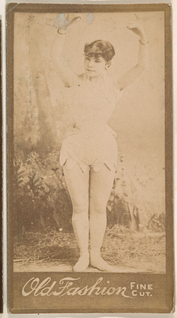 Actress holding arms above head, from the Actresses series (N664) promoting Old Fashion Fine Cut Tobacco, Albumen photograph 