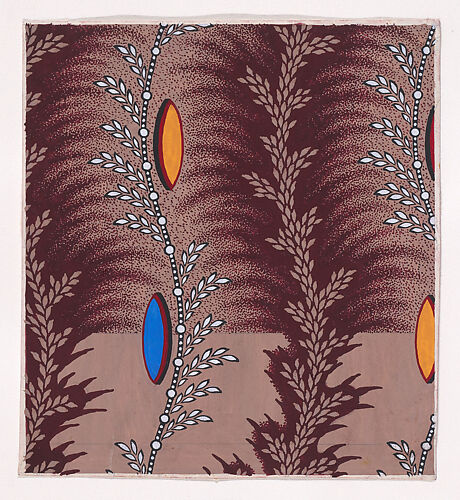 Textile Design with Alternating Vertical Rows of Undulating Stylized Wheat Ears and Undulating Strips of Pearls with Alternating Offsetting Wheat Ears and Lens Shapes