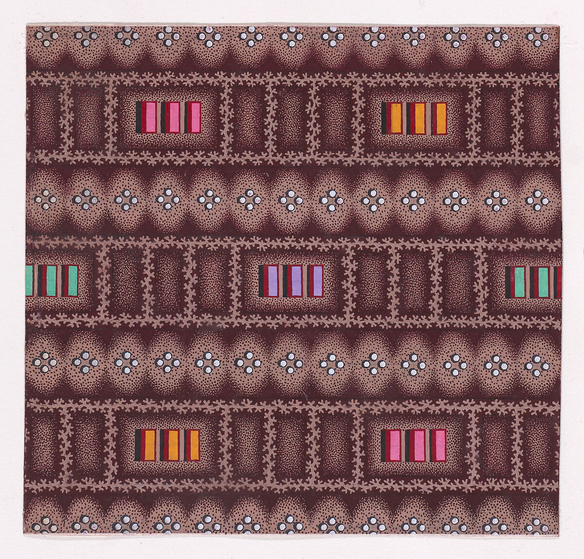 Textile Design with Horizontal Rows of Groups of Three Rectangles Framed by Garlands of Branches and Separated by Rows of Groups of Four Pearls, Anonymous, Alsatian, 19th century, Gouache 