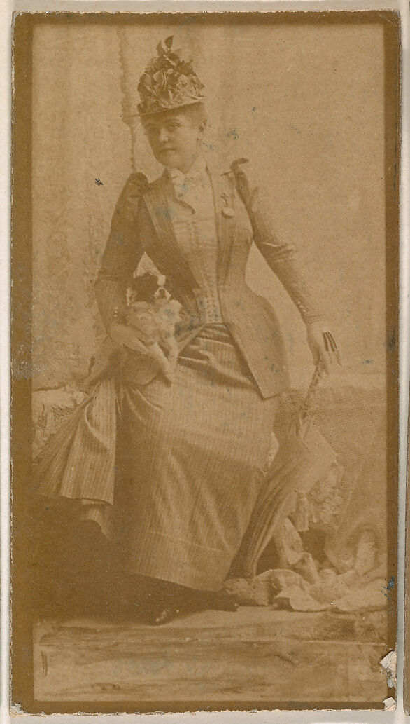 Actress holding dog and parasol, from the Actresses series (N664) promoting Old Fashion Fine Cut Tobacco, Albumen photograph 