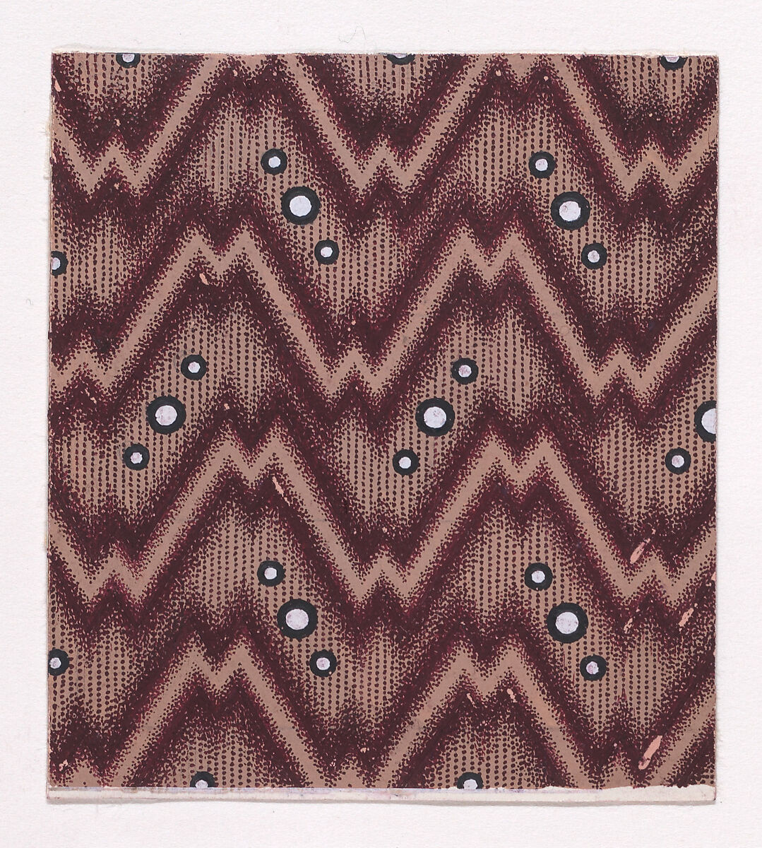 Textile Design of Horizontal Zig-Zagging Ribbons and Alternating Diagonal Groups of Three Pearls over a Striped Background, Anonymous, Alsatian, 19th century, Gouache 
