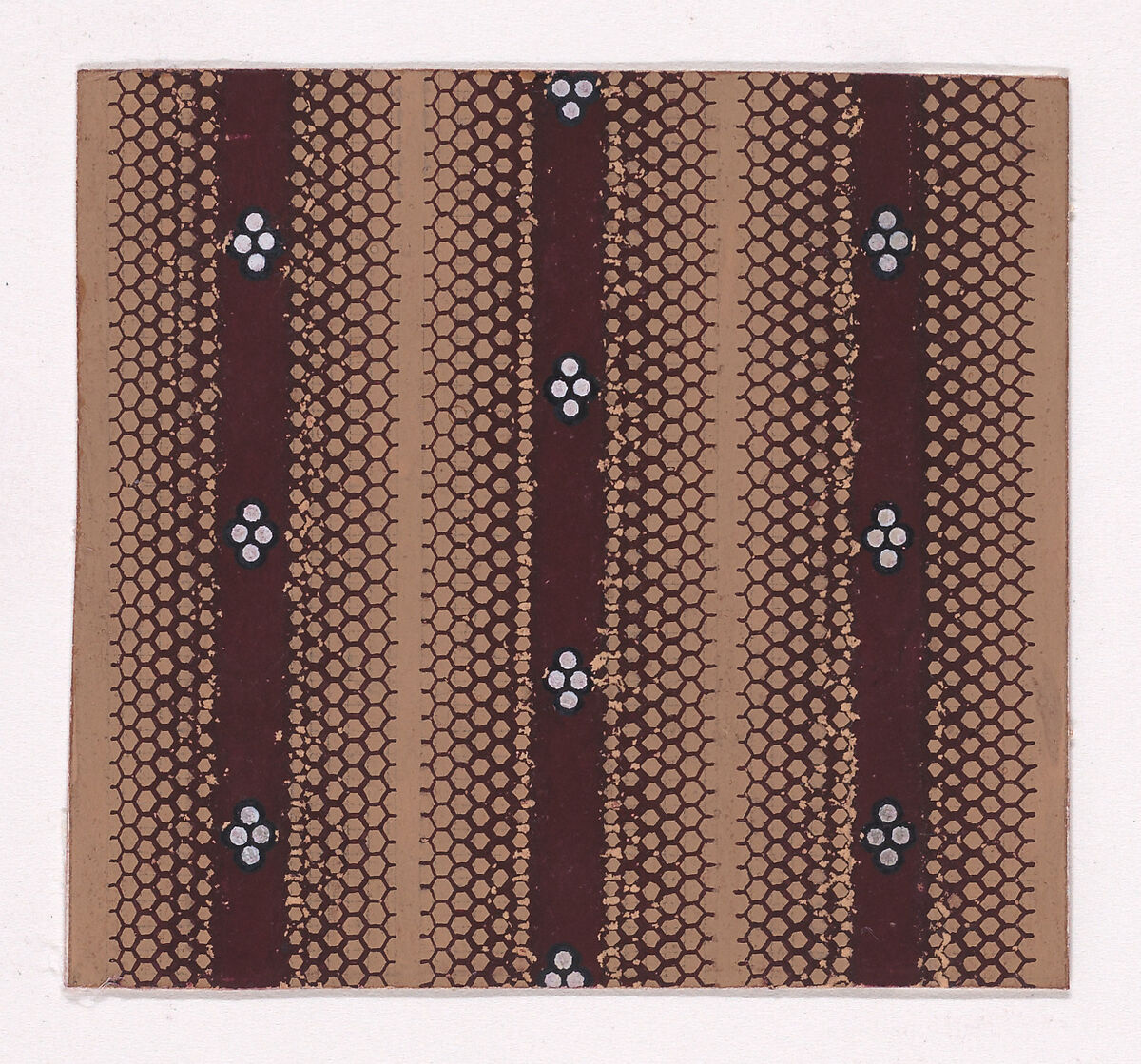 Textile Design with Vertical Stripes Decorated with Quatrefoils of Pearls and with Offsetting Honeycomb Patterns, Anonymous, Alsatian, 19th century, Gouache 