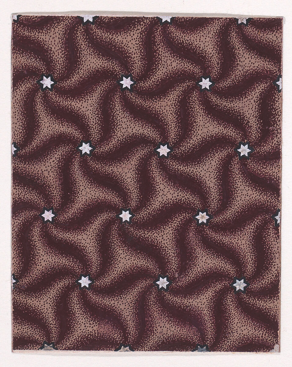 Textile Design with a Seamless Pattern of Swirls Decorated with Haxagrams over a Stippled Background, Anonymous, Alsatian, 19th century, Gouache 
