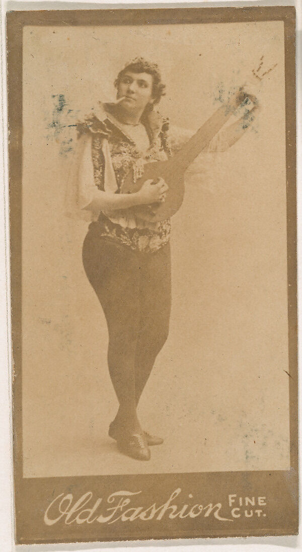 Actress playing mandolin and smoking cigarette, from the Actresses series (N664) promoting Old Fashion Fine Cut Tobacco, Albumen photograph 