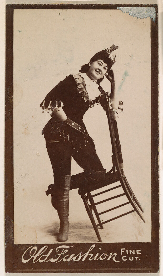 Actress posing on tilted chair, from the Actresses series (N664) promoting Old Fashion Fine Cut Tobacco, Albumen photograph 