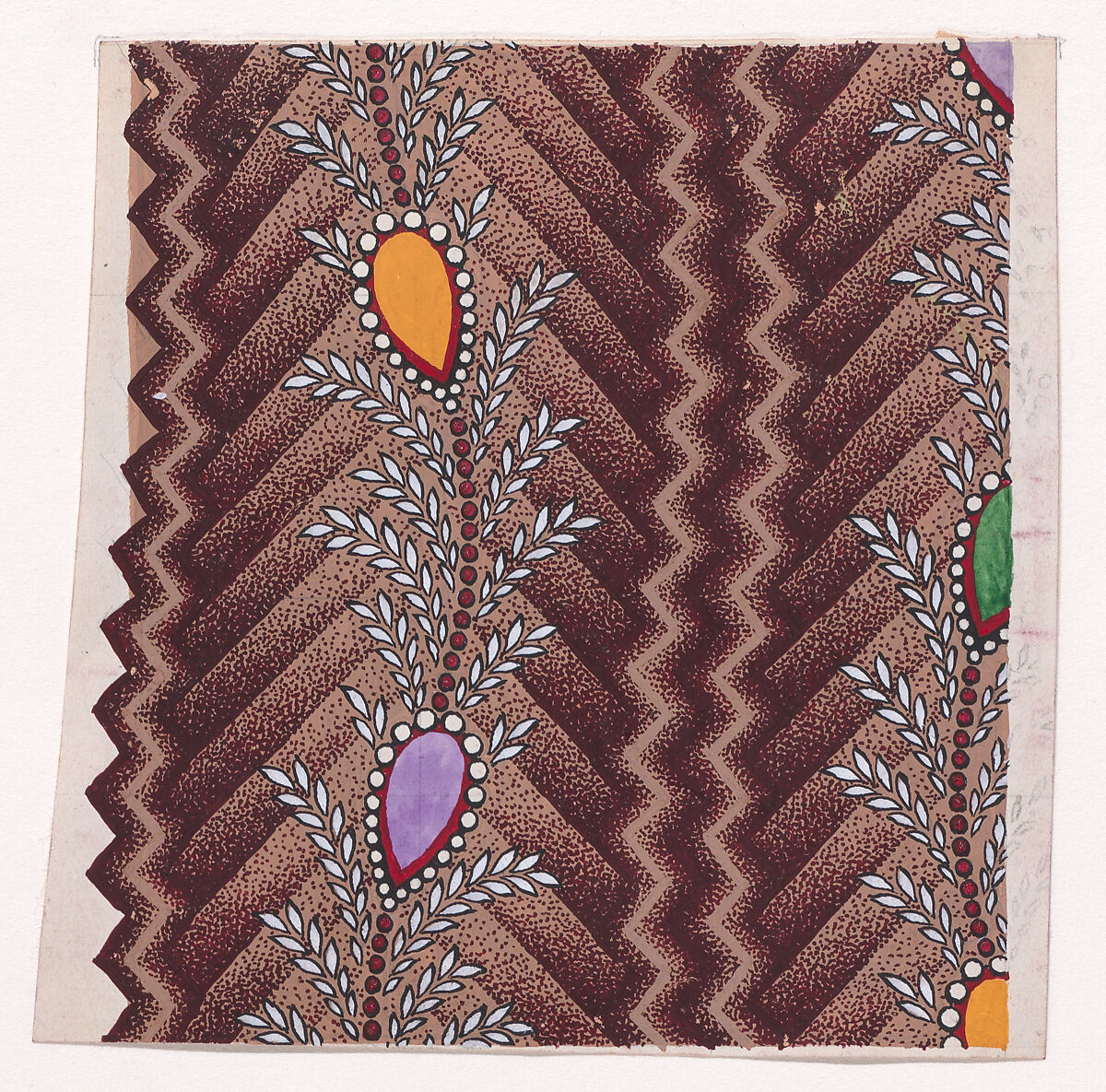 Textile Design with Vertical Undulating Garlands of Pearls and Inverted Teardrops Framed with Pearls with Offsetting Wheat Ears Separated by a Vertical Zig-Zagging Ribbon over a Chevron Background, Anonymous, Alsatian, 19th century, Gouache 