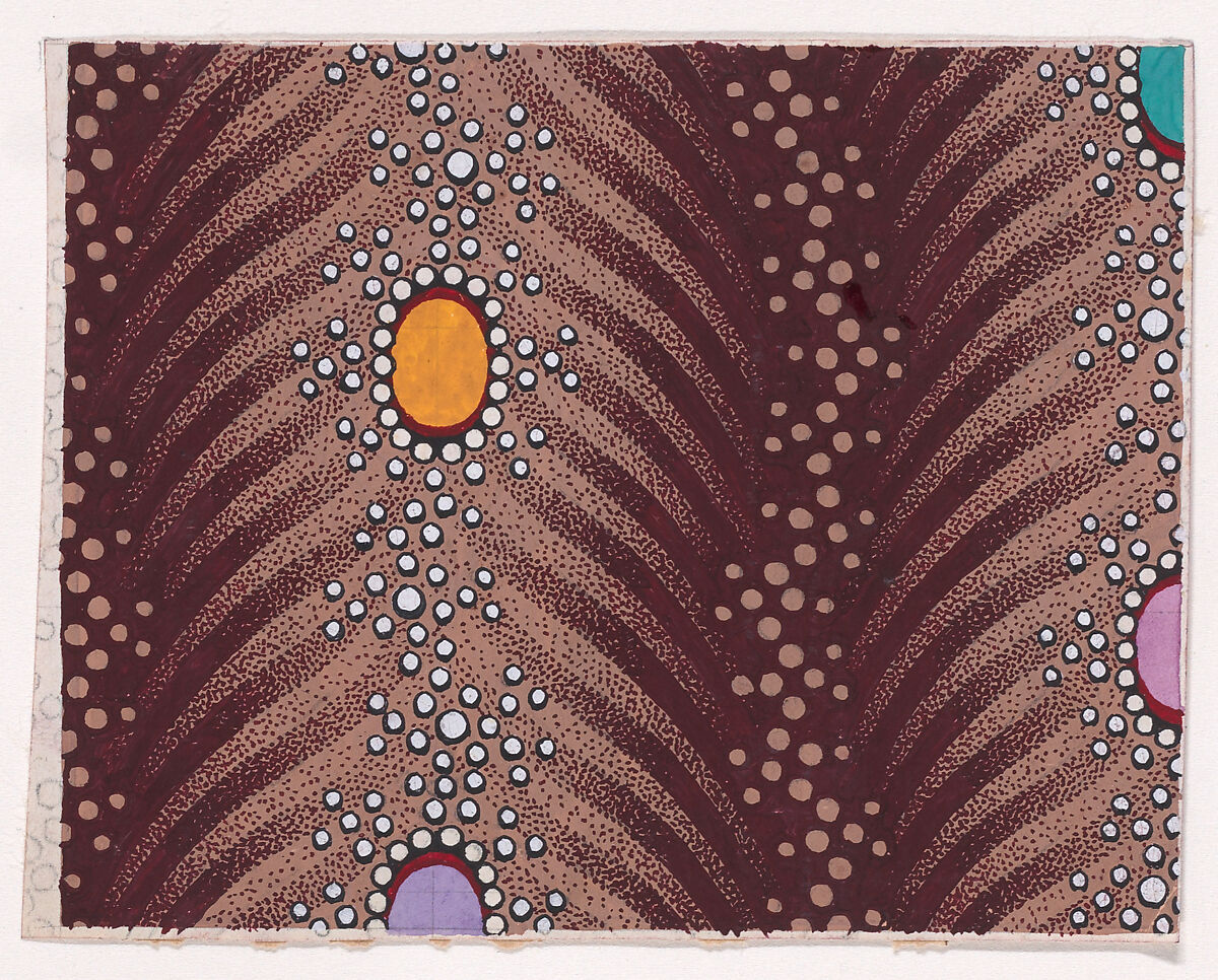 Textile Design with Vertical Undulating Garlands of Pearls and Ovals Framed with Pearls over Undulating Stylized Palm Leaves Separated by Undulating Garlands of Dots, Anonymous, Alsatian, 19th century, Gouache 