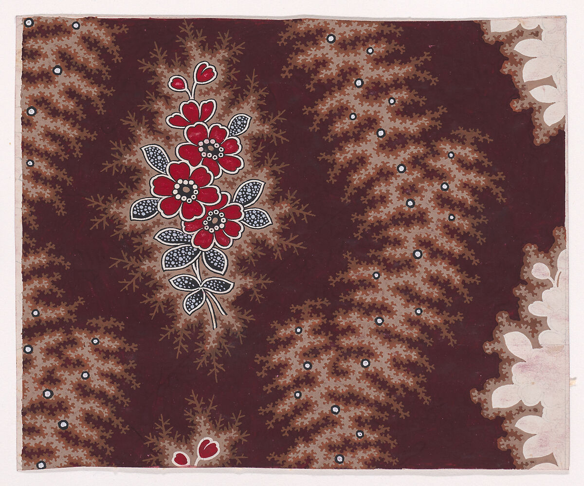 Textile Design with Vertical Rows of Bunches of Stylized Flowers with Pearls as Pistils and Leaves of Decorated with Pearls with Offsetting Branches Separated by Undulating Garlands of Branches Splattered with Pearls, Anonymous, Alsatian, 19th century, Gouache 