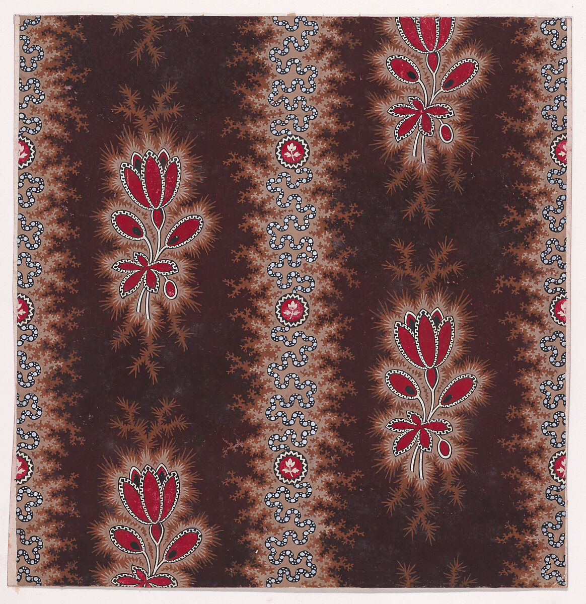 Textile Design with Vertical Rows of Bunches of Stylized Flowers and Stems with Leaves Framed by a Shade of Thorns Separated by Vertical Garlands of Branches with an Undulating Ribbon with Pearls and Small Stylized Flowers Inside a Circular Frame, Anonymous, Alsatian, 19th century, Gouache 