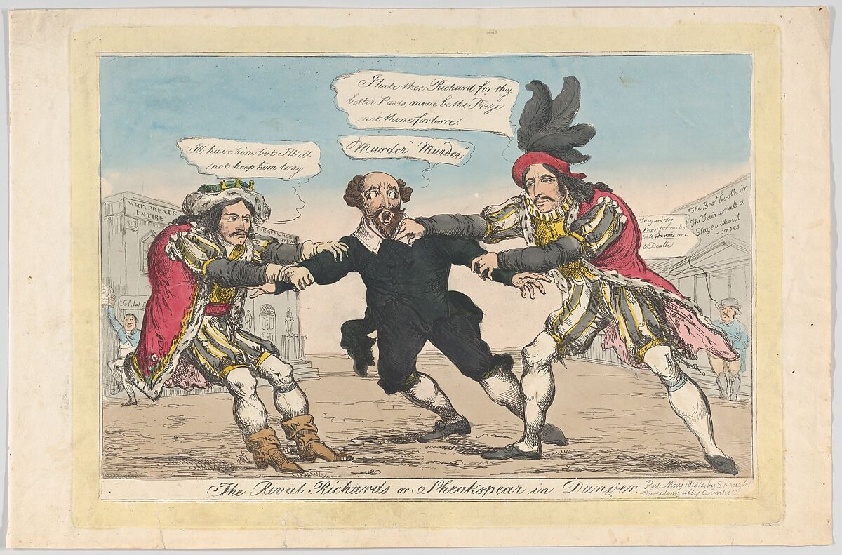 The Rival Richards, or Sheakspear in Danger, William Heath (&#39;Paul Pry&#39;) (British, Northumbria 1794/95–1840 Hampstead), Hand-colored etching 