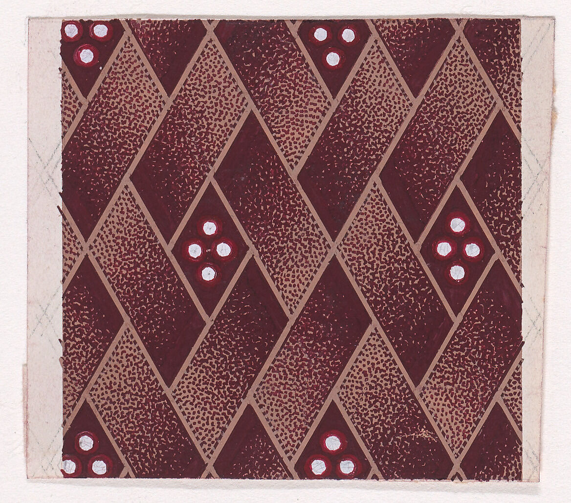 Textile Design with a Tiled Background of Alternating Rectangular Shapes Framed by Ribbons Decorated with Pearls, Anonymous, Alsatian, 19th century, Gouache 