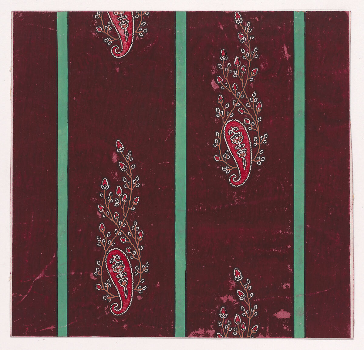 Textile Design with Vertical Rows of Paisley Motifs Flanked by Interlacing Branches with Stylized Flowers and Leaves Separated by Stripes, Anonymous, Alsatian, 19th century, Gouache 