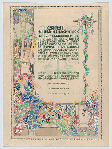 Design for a certificate, awarded by the city of Vienna for the most beautiful floral balcony decorations (balcony below text), Erwin Puchinger (Austrian, Vienna 1875–1944 Vienna), Watercolor over graphite underdrawing, some highlights in gold paint 