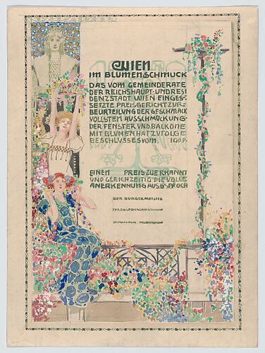 Design for a certificate, awarded by the city of Vienna for the most beautiful floral balcony decorations (balcony below text)
