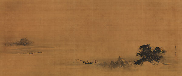 Landscape with Fisherman, Kano Tan&#39;yū (Japanese, 1602–1674), Hanging scroll; ink on silk, Japan 