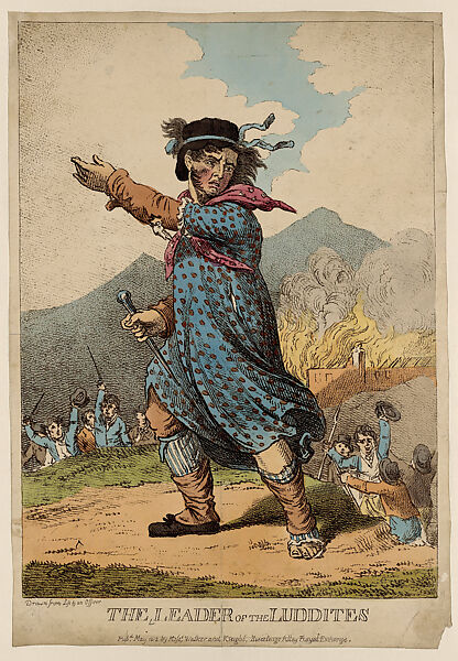 The Leader of the Luddites, Hand-colored etching, British 