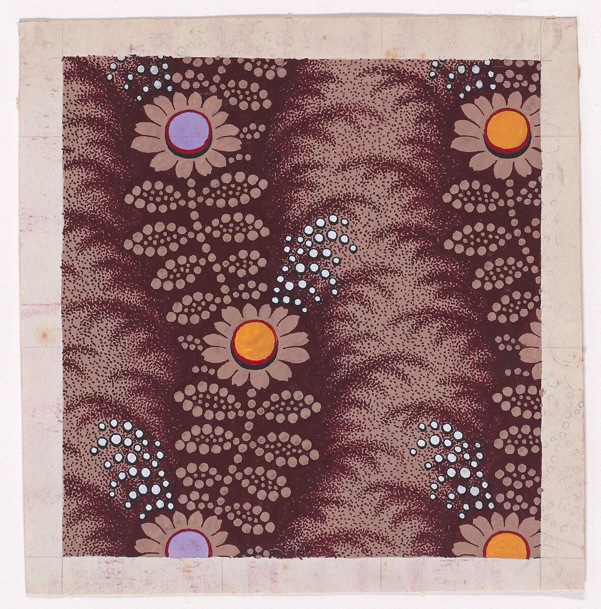 Textile Design with Vertical Undulating Garlands of Stylized Daisies with Pearls and Leaves over a Stippled Background, Anonymous, Alsatian, 19th century, Gouache 