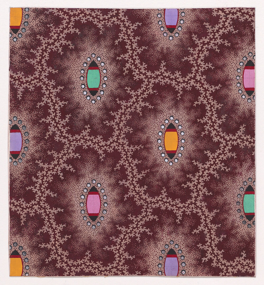 Textile Design with Alternating Vertical Rows of Shuttle Shapes and Pearls Framed by Interlacing Garlands of Branches, Anonymous, Alsatian, 19th century, Gouache 