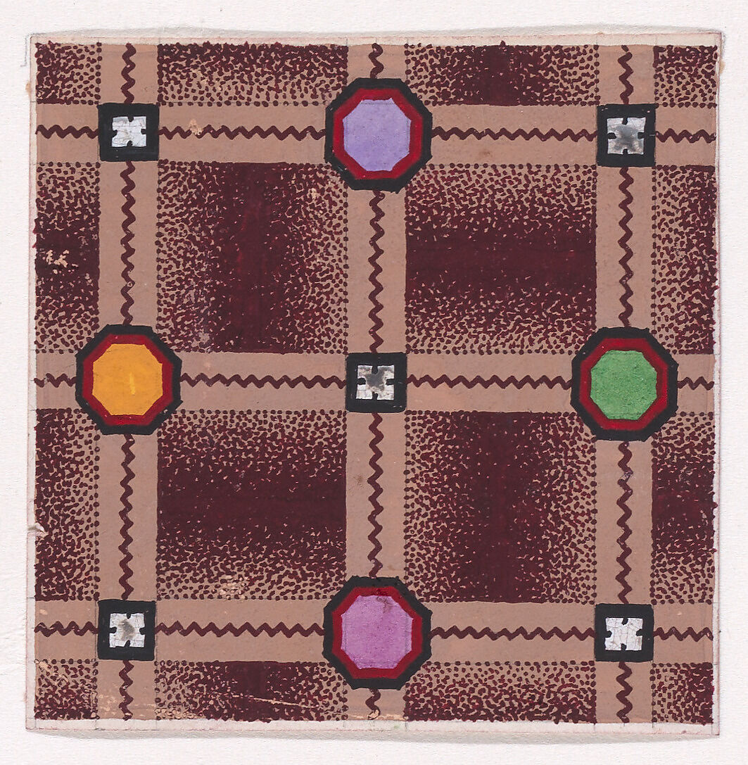 Textile Design with a Checked Pattern Decorated with Octagons and Squares over a Stippled Background, Anonymous, Alsatian, 19th century, Gouache 
