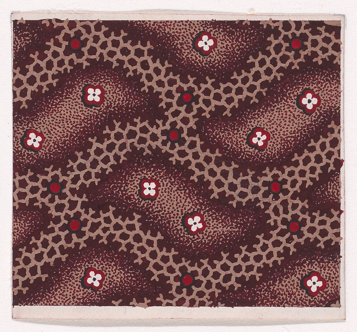 Textile Design with Alternating Stylized Leaves with Rosettes over a Background of a Honeycomb Pattern with Pearls, Anonymous, Alsatian, 19th century, Gouache 