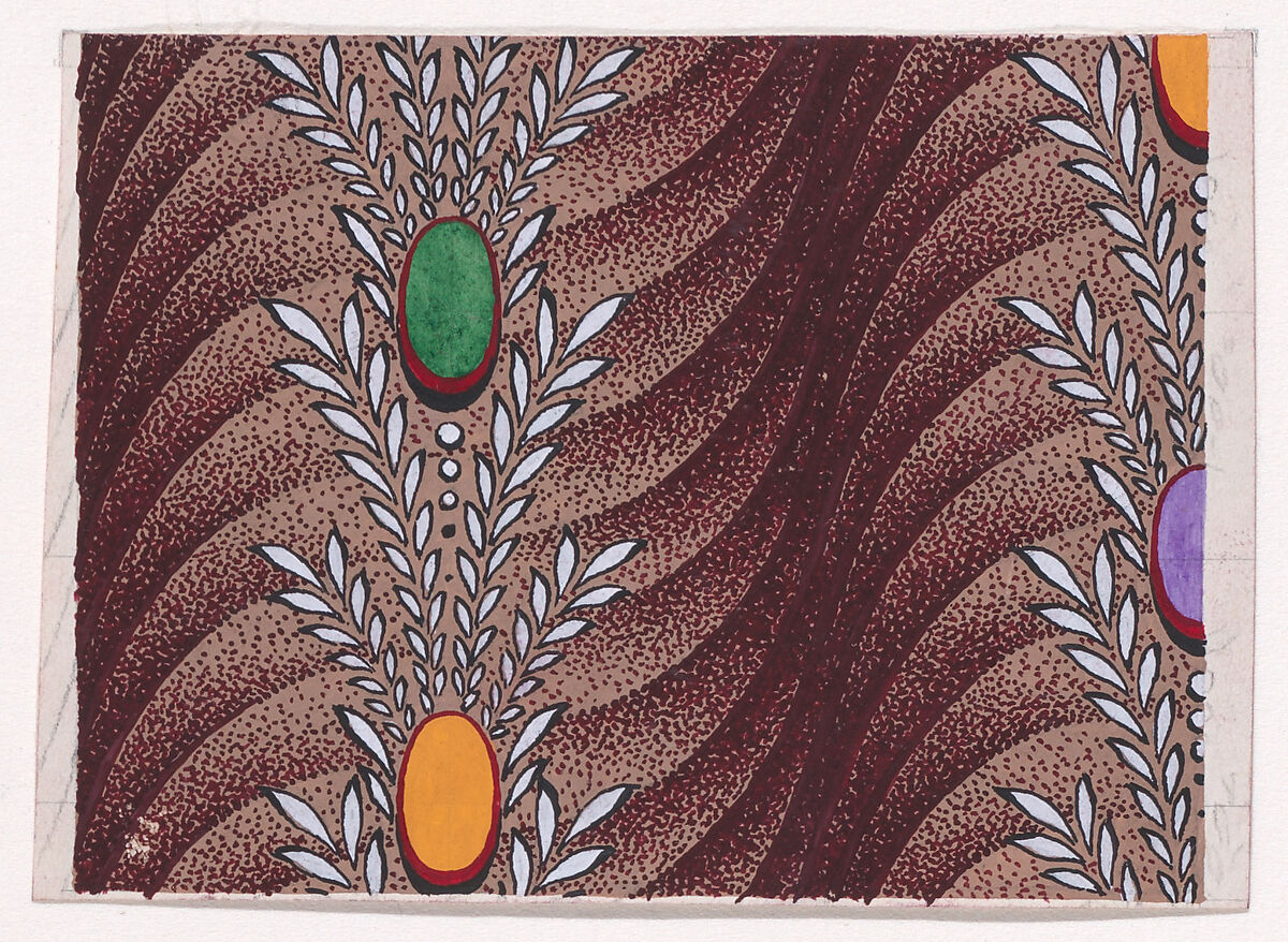 Textile Design with Vertical Garlands of Stylized Leaves, Pearls and Ovals over a Background of Overlapping Scales, Anonymous, Alsatian, 19th century, Gouache 