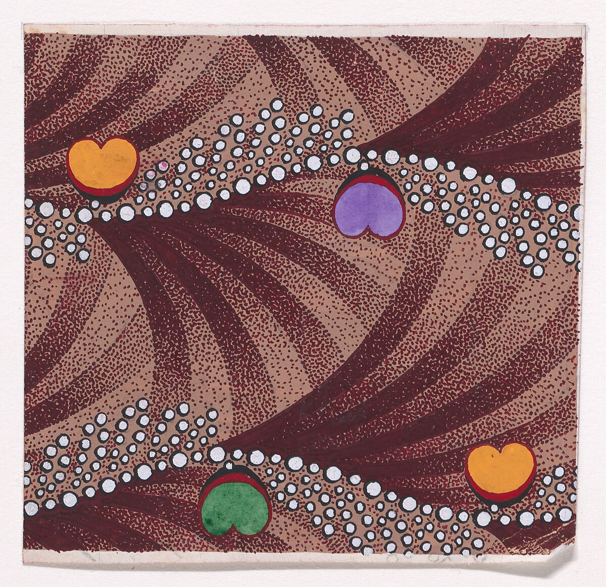 Textile Design with Horizontal Undulating Strips of Pearls with Alternating Offsetting Bundles of Pearls and Heart Shapes over a Background of Alternating Overlapping Scales, Anonymous, Alsatian, 19th century, Gouache 