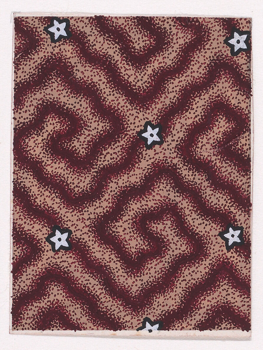Textile Design with Alternating Rows of Rosettes with Triangular Petals over a Labyrinth-Like Pattern, Anonymous, Alsatian, 19th century, Gouache 