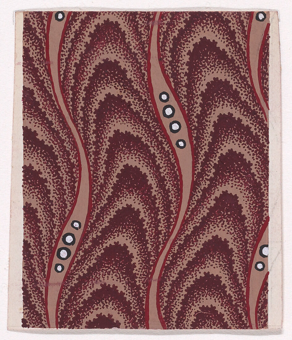 Textile Design with Undulating Vertical Strips of Overlapping Scales Separated by Undulating Ribbons and Pearls, Anonymous, Alsatian, 19th century, Gouache 