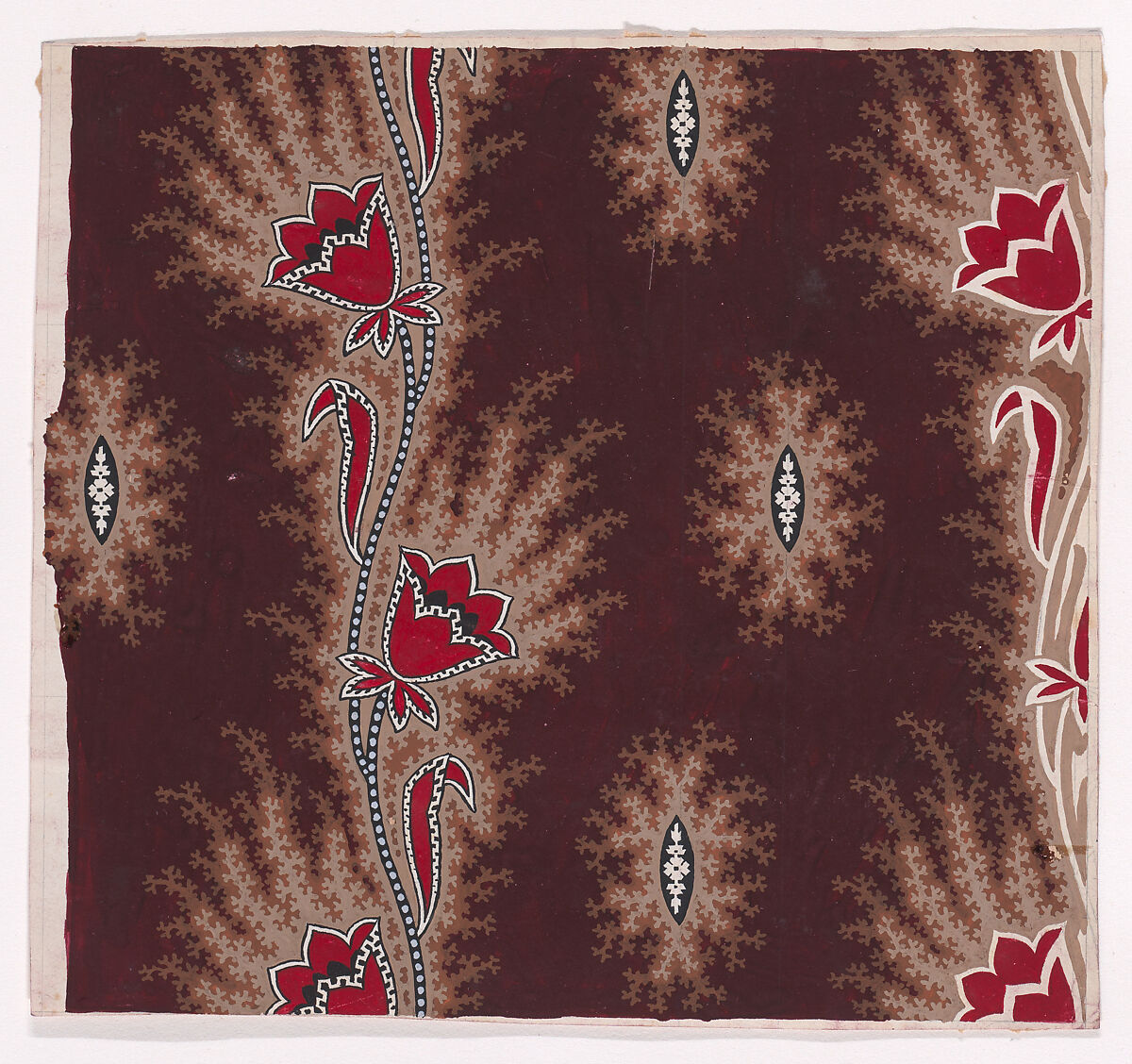Textile Design with Vertical Garlands of Stylized Flowers and Leaves and Pearls with Offsetting Branches Separated by Vertical Rows of Alternating Shuttle-Shaped Motifs with a Small Rosette Flanked by Two Leaves with Offsetting Branches, Anonymous, Alsatian, 19th century, Gouache 