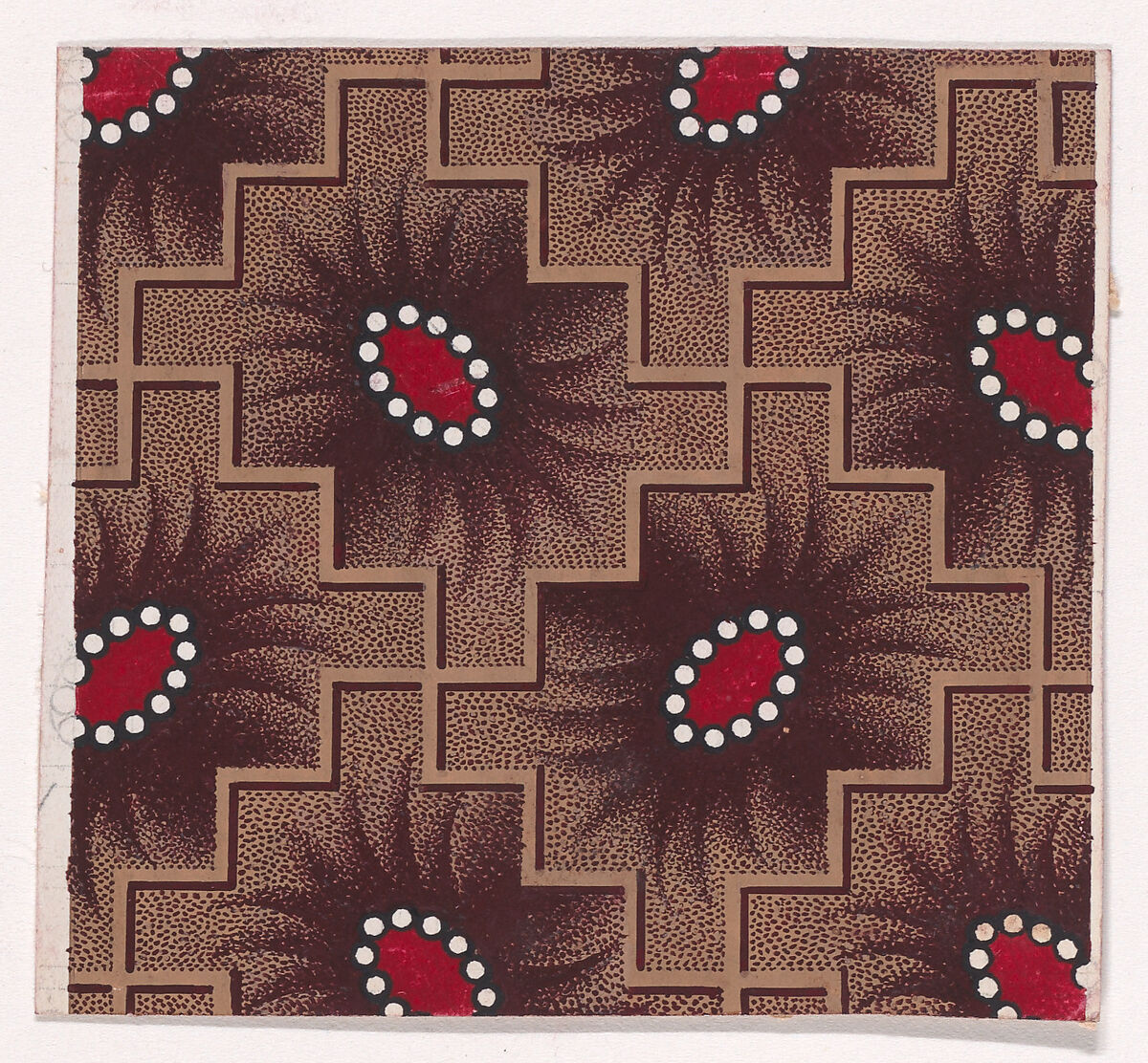 Textile Design with Alternating Shuttle-Shaped Motifs Framed by Pearls and with Offsetting Palmettes Framed by a Checked Pattern of Intersecting Zig-Zagging Diagonal Lines, Anonymous, Alsatian, 19th century, Gouache 