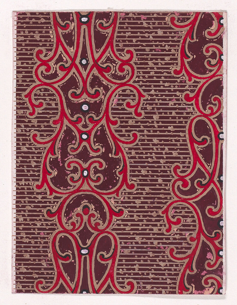 Textile Design with Vertical Strips of Pearls Framed by Ornamental Scrolling Motifs over a Striped Background with Dots, Anonymous, Alsatian, 19th century, Gouache 