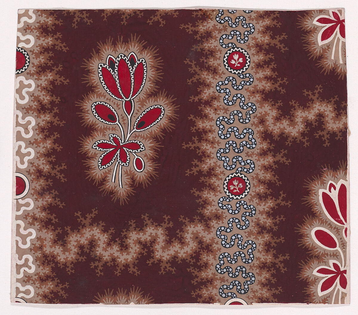 Textile Design with Vertical Rows of Bunches of Stylized Flowers and Stems with Leaves Framed by a Shade of Thorns Separated by Vertical Garlands of Branches with an Undulating Ribbon with Pearls and Small Stylized Flowers Inside a Circular Frame, Anonymous, Alsatian, 19th century, Gouache 