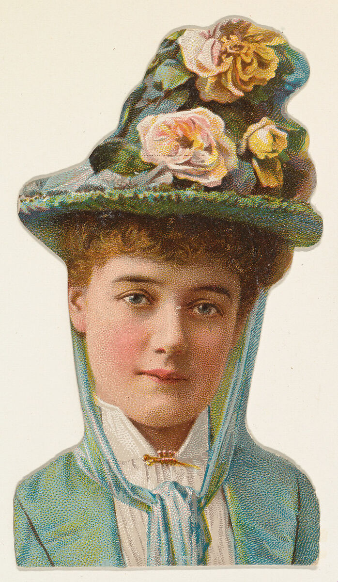 Actress wearing blue hat with flowers, from Stars of the Stage, Fourth Series (N132) issued by Duke Sons & Co. to promote Honest Long Cut Tobacco, Issued by W. Duke, Sons &amp; Co. (New York and Durham, N.C.), Commercial color lithograph 