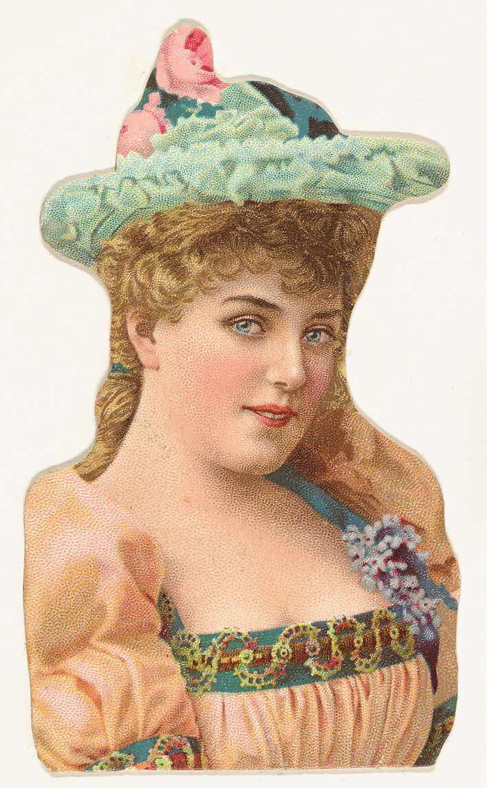 Actress wearing blue hat with pink roses, from Stars of the Stage, Fourth Series (N132) issued by Duke Sons & Co. to promote Honest Long Cut Tobacco, Issued by W. Duke, Sons &amp; Co. (New York and Durham, N.C.), Commercial color lithograph 