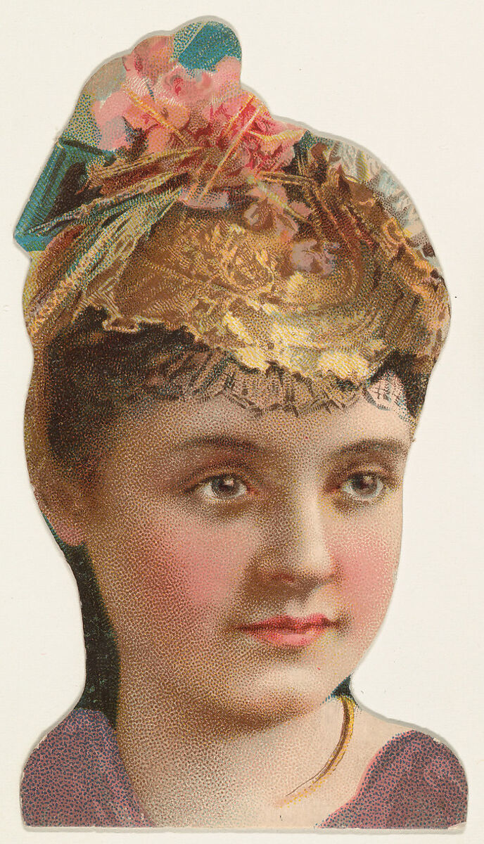 Actress wearing hat with pink flowers and blue bow, from Stars of the Stage, Fourth Series (N132) issued by Duke Sons & Co. to promote Honest Long Cut Tobacco, Issued by W. Duke, Sons &amp; Co. (New York and Durham, N.C.), Commercial color lithograph 