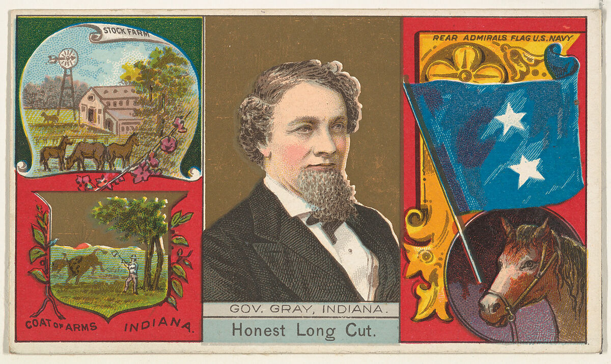 Governor Gray, Indiana, from "Governors, Arms, Etc." series (N133-1), issued by Duke Sons & Co., Issued by W. Duke, Sons &amp; Co. (New York and Durham, N.C.), Commercial color lithograph 
