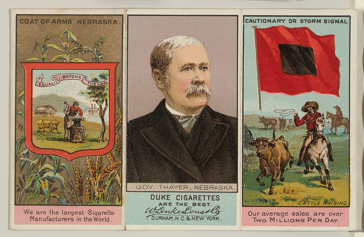 Governor Thayer, Nebraska, from "Governors, Arms, Etc." series (N133-2), issued by Duke Sons & Co., Issued by W. Duke, Sons &amp; Co. (New York and Durham, N.C.), Commercial color lithograph 