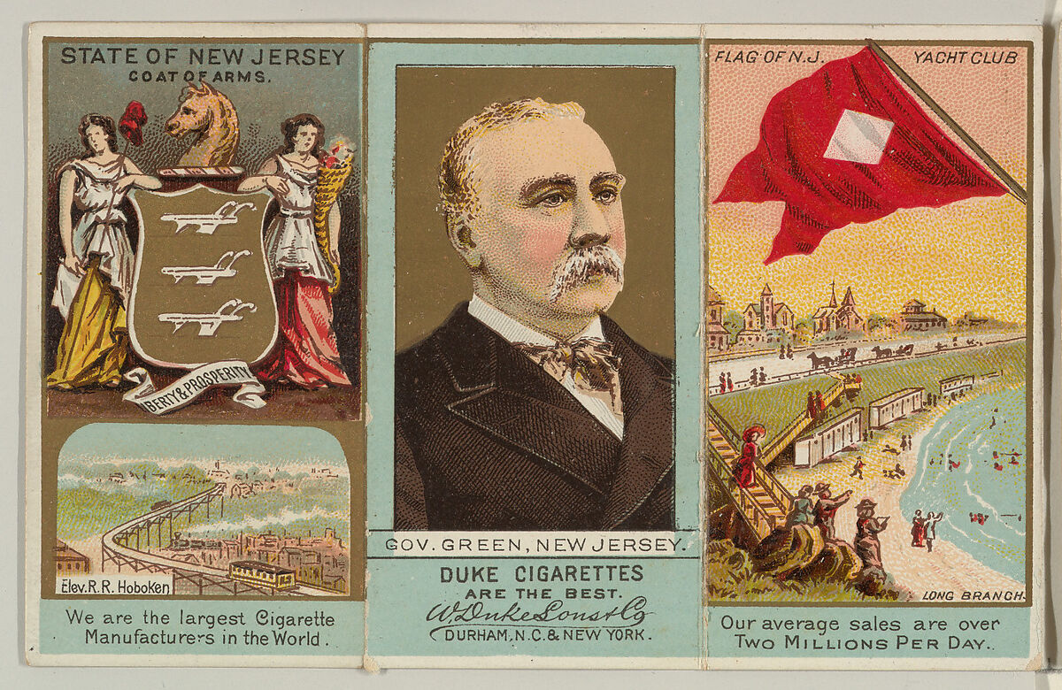 Governor Green, New Jersey, from "Governors, Arms, Etc." series (N133-2), issued by Duke Sons & Co., Issued by W. Duke, Sons &amp; Co. (New York and Durham, N.C.), Commercial color lithograph 