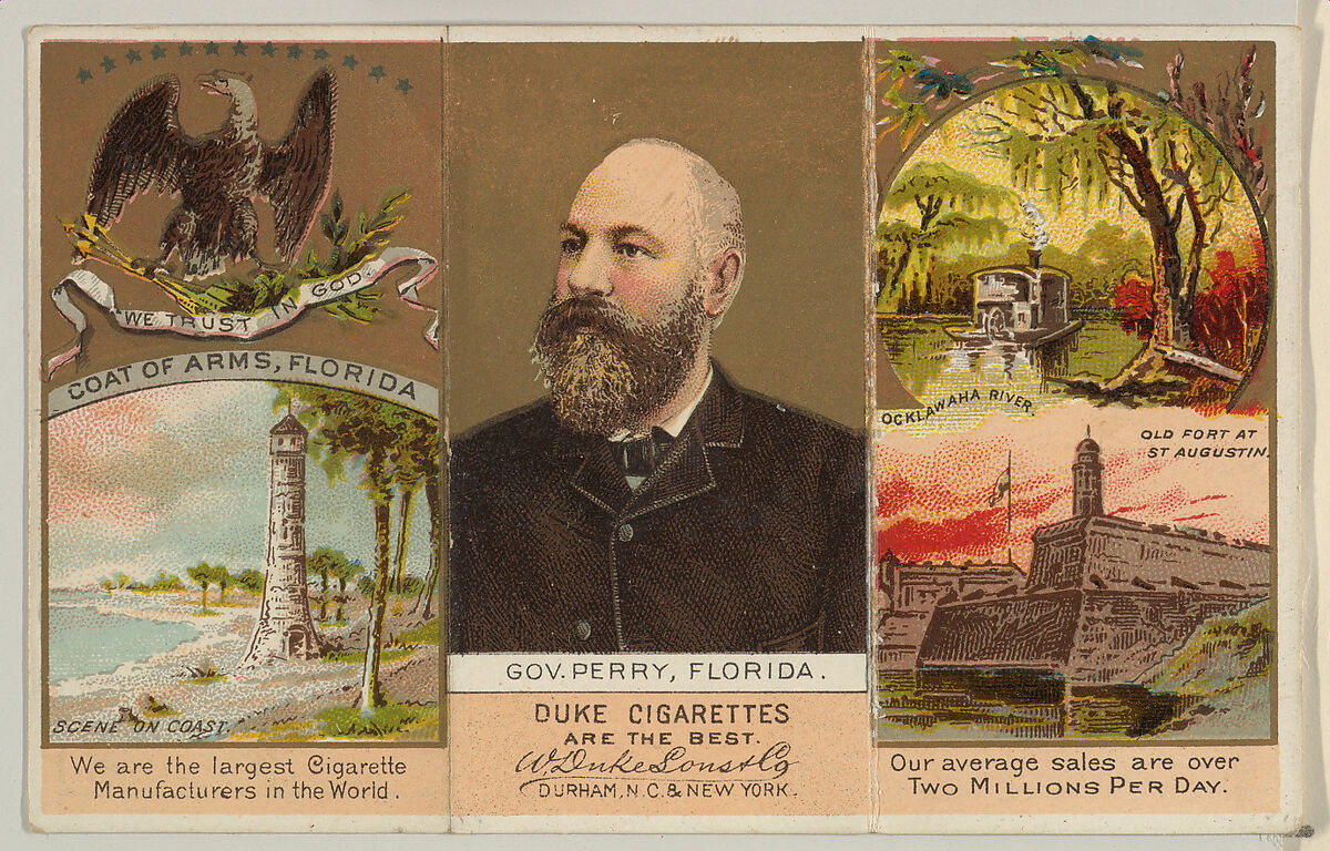 Governor Perry, Florida, from "Governors, Arms, Etc." series (N133-2), issued by Duke Sons & Co., Issued by W. Duke, Sons &amp; Co. (New York and Durham, N.C.), Commercial color lithograph 