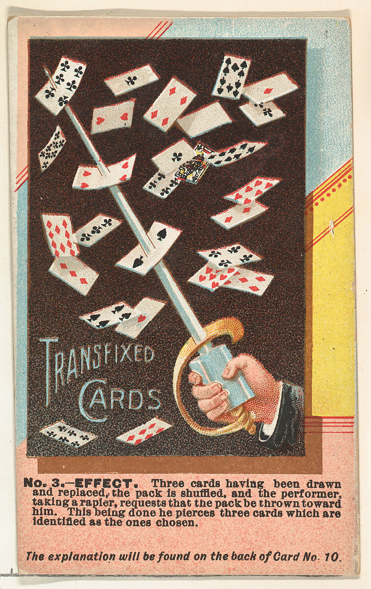 Number 3, Transfixed Cards, from the Tricks with Cards series (N138) issued by W. Duke, Sons & Co. to promote Honest Long Cut Tobacco, Issued by W. Duke, Sons &amp; Co. (New York and Durham, N.C.), Commercial color lithograph 