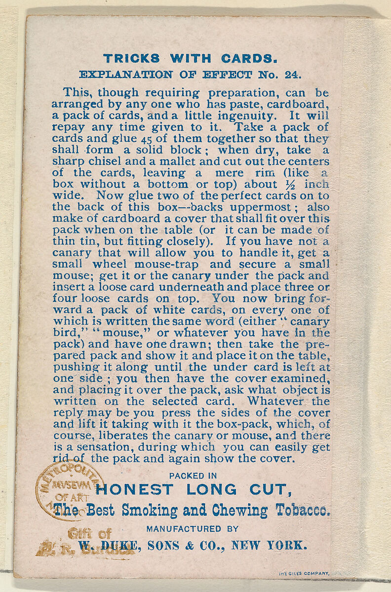 Number 3, Transfixed Cards, from the Tricks with Cards series (N138) issued by W. Duke, Sons & Co. to promote Honest Long Cut Tobacco, Issued by W. Duke, Sons &amp; Co. (New York and Durham, N.C.), Commercial color lithograph