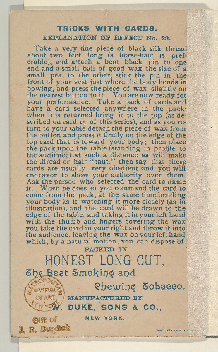 Number 4, Second Sight Extraordinary, from the Tricks with Cards series (N138) issued by W. Duke, Sons & Co. to promote Honest Long Cut Tobacco, Issued by W. Duke, Sons &amp; Co. (New York and Durham, N.C.), Commercial color lithograph