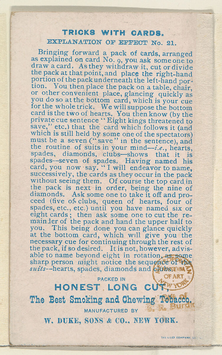 Number 5, The Restored Card, from the Tricks with Cards series (N138) issued by W. Duke, Sons & Co. to promote Honest Long Cut Tobacco, Issued by W. Duke, Sons &amp; Co. (New York and Durham, N.C.), Commercial color lithograph