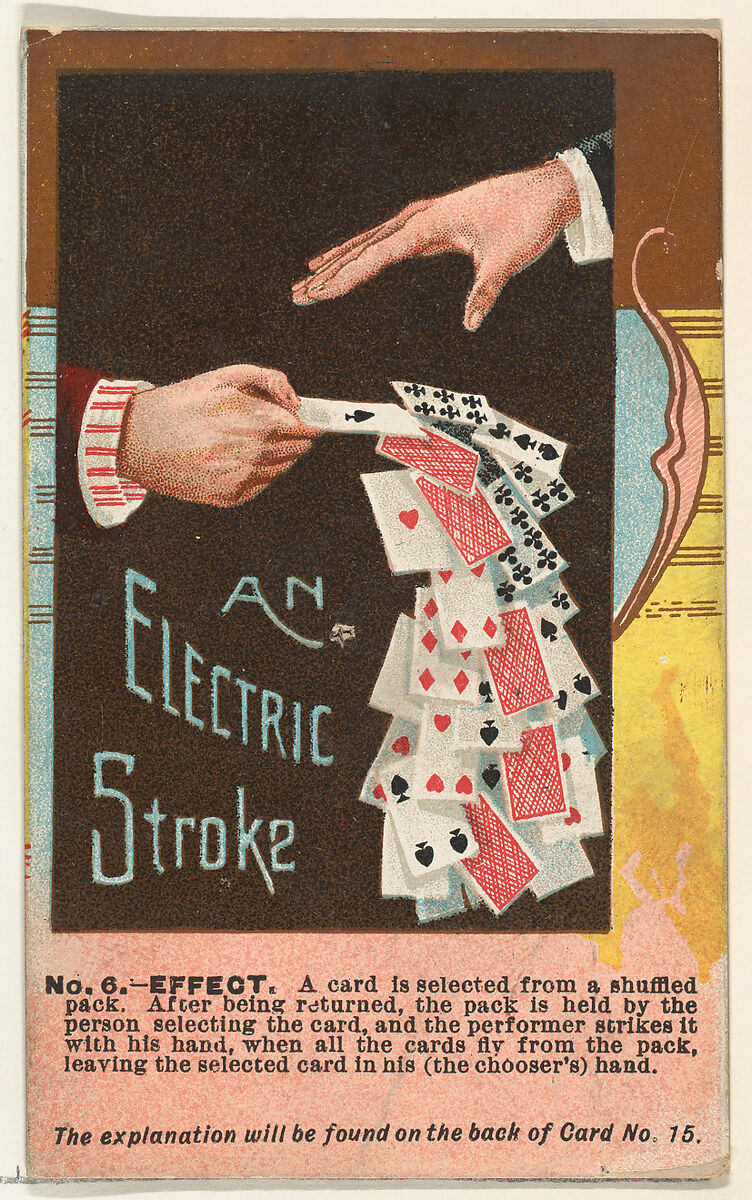 Number 6, An Electric Stroke, from the Tricks with Cards series (N138) issued by W. Duke, Sons & Co. to promote Honest Long Cut Tobacco, Issued by W. Duke, Sons &amp; Co. (New York and Durham, N.C.), Commercial color lithograph 