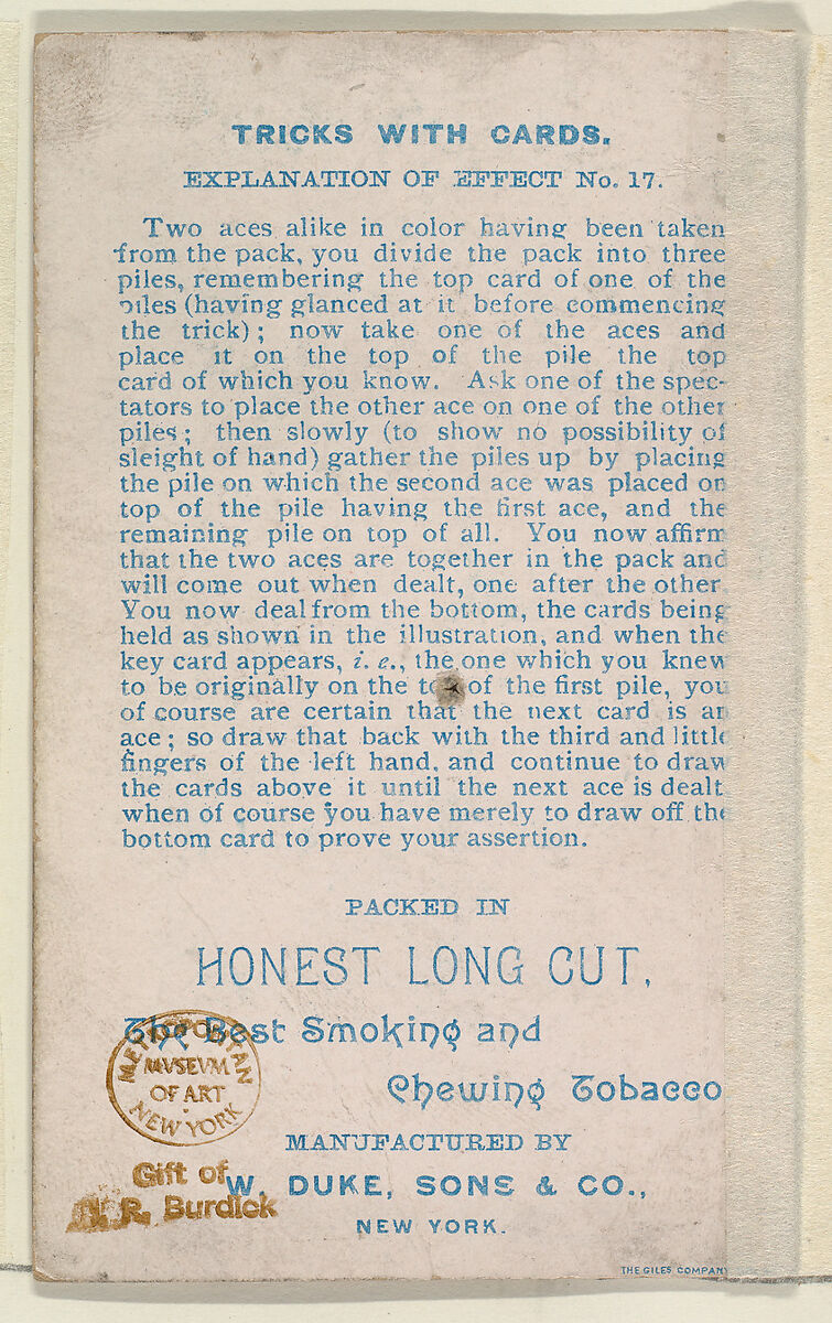 Number 6, An Electric Stroke, from the Tricks with Cards series (N138) issued by W. Duke, Sons & Co. to promote Honest Long Cut Tobacco, Issued by W. Duke, Sons &amp; Co. (New York and Durham, N.C.), Commercial color lithograph