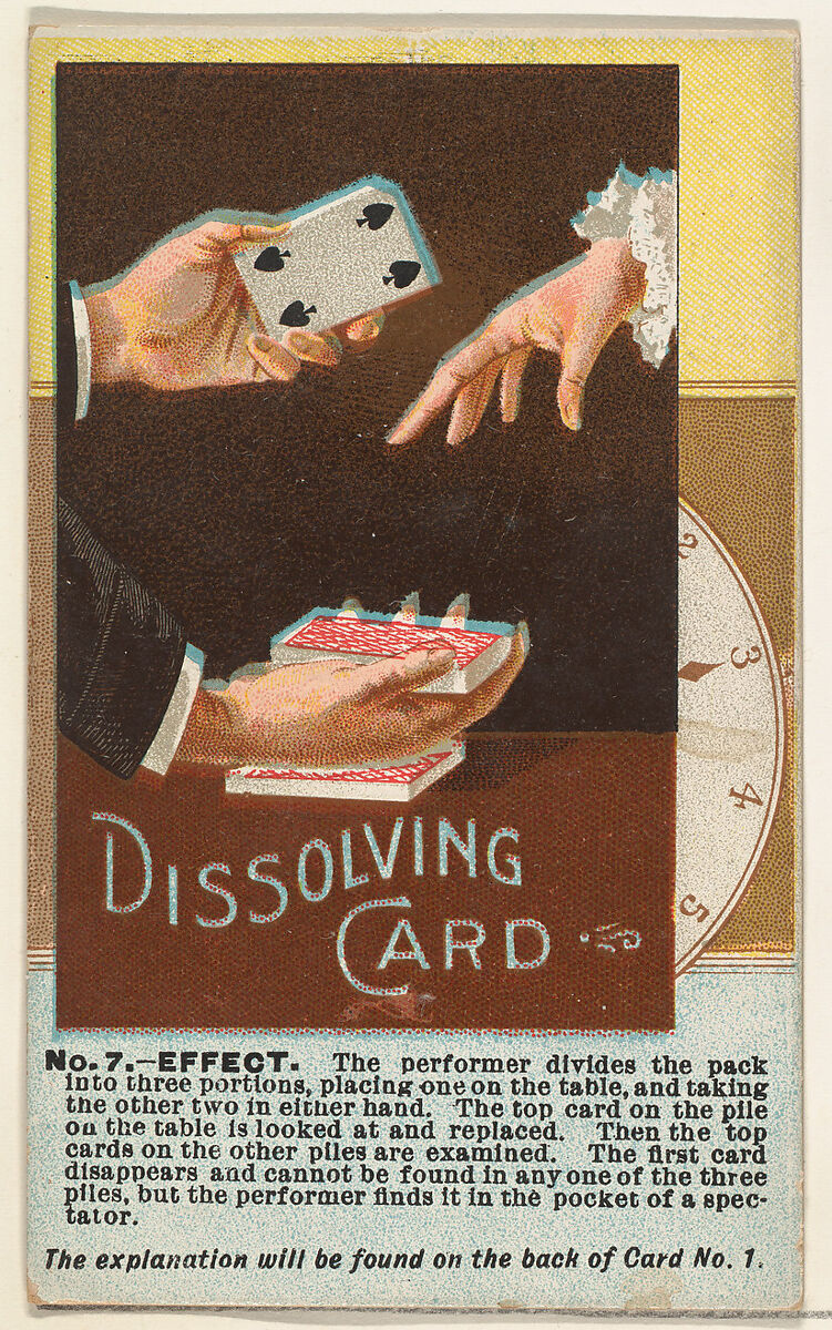 Number 7, Dissolving Card, from the Tricks with Cards series (N138) issued by W. Duke, Sons & Co. to promote Honest Long Cut Tobacco, Issued by W. Duke, Sons &amp; Co. (New York and Durham, N.C.), Commercial color lithograph 