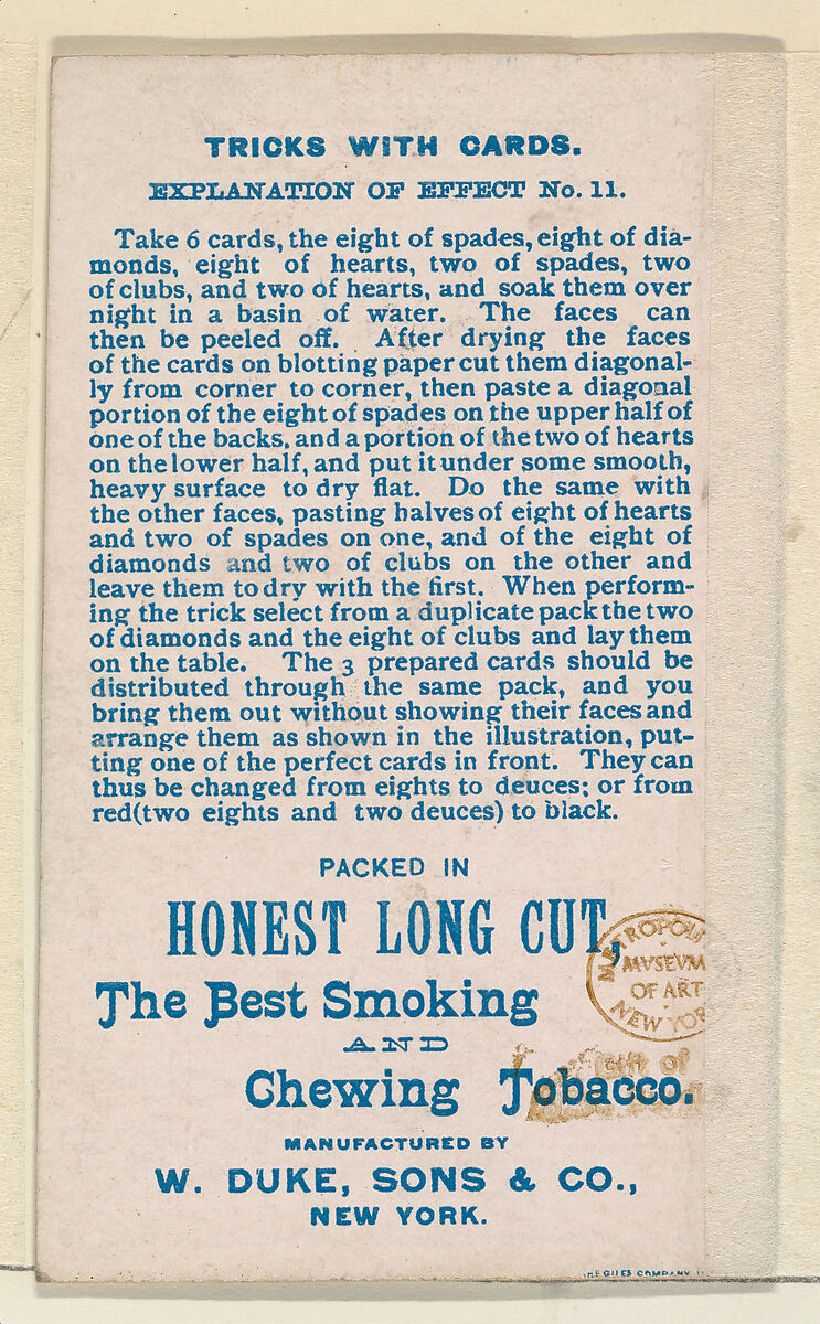 Number 7, Dissolving Card, from the Tricks with Cards series (N138) issued by W. Duke, Sons & Co. to promote Honest Long Cut Tobacco, Issued by W. Duke, Sons &amp; Co. (New York and Durham, N.C.), Commercial color lithograph