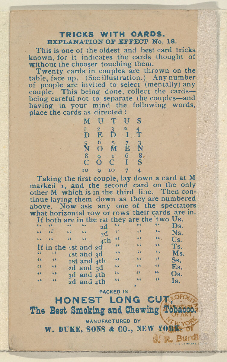 Number 8, Caught on the Fly, from the Tricks with Cards series (N138) issued by W. Duke, Sons & Co. to promote Honest Long Cut Tobacco, Issued by W. Duke, Sons &amp; Co. (New York and Durham, N.C.), Commercial color lithograph