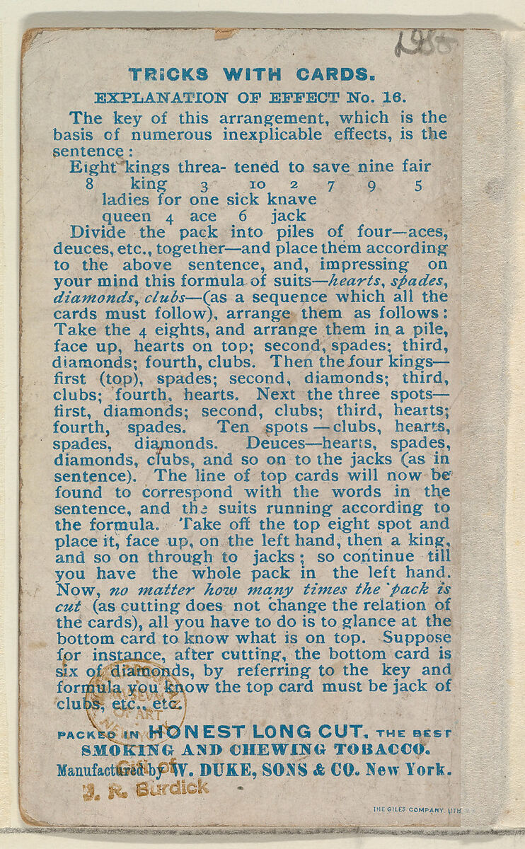Number 9, Surer than Three Card Monte, from the Tricks with Cards series (N138) issued by W. Duke, Sons & Co. to promote Honest Long Cut Tobacco, Issued by W. Duke, Sons &amp; Co. (New York and Durham, N.C.), Commercial color lithograph