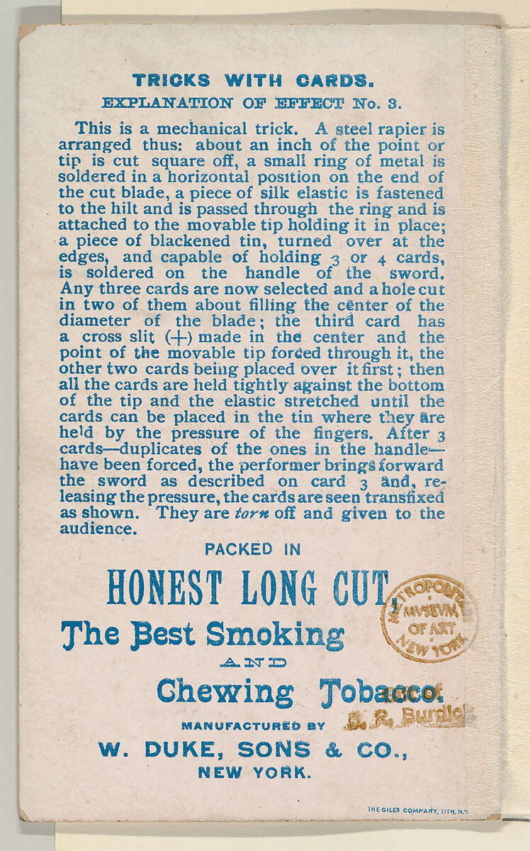 Number 10, Sympathetic Cards, from the Tricks with Cards series (N138) issued by W. Duke, Sons & Co. to promote Honest Long Cut Tobacco, Issued by W. Duke, Sons &amp; Co. (New York and Durham, N.C.), Commercial color lithograph